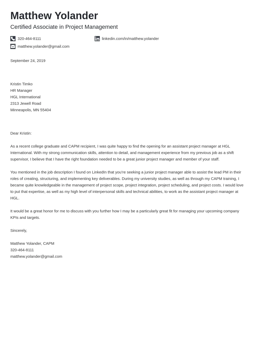 43296 project manager cover letter experience