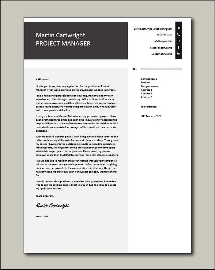 43296 project manager cover letter format