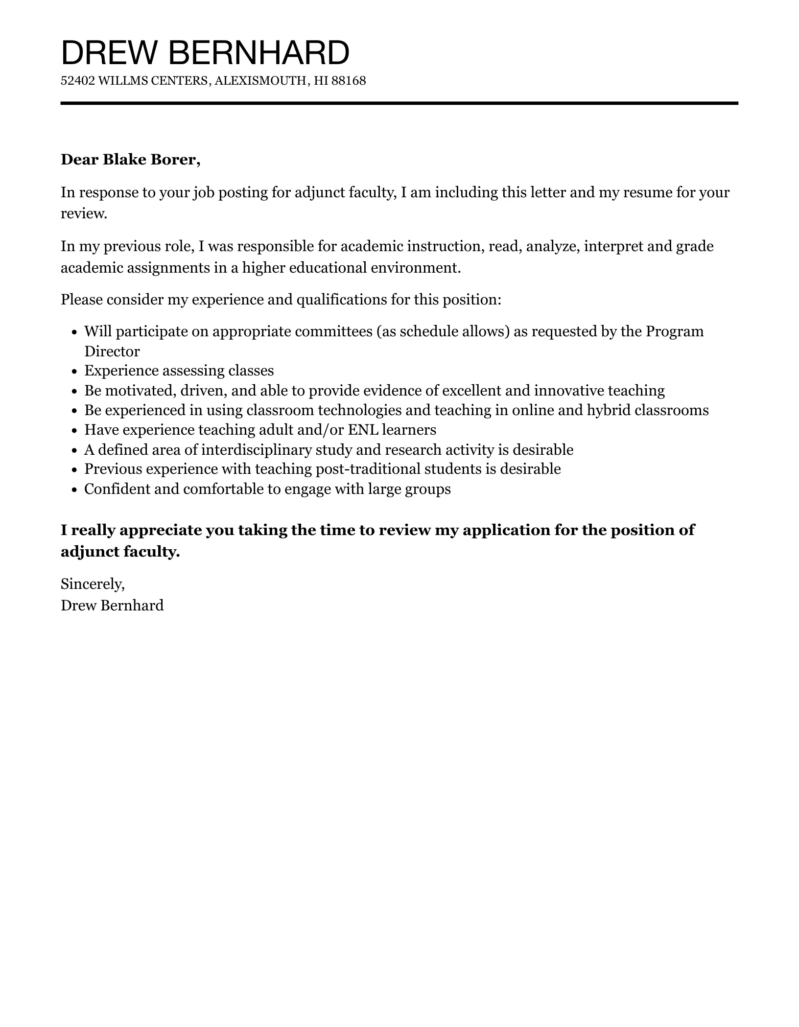 43311 cover letter adjunct faculty skills