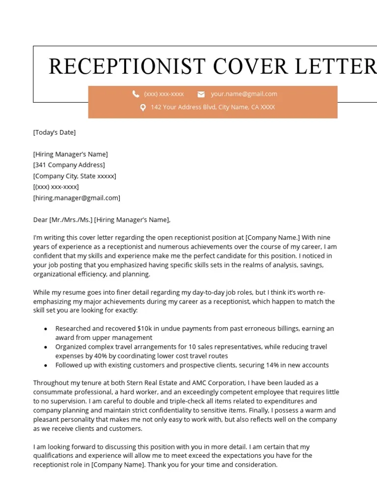 43312 receptionist cover letter writing