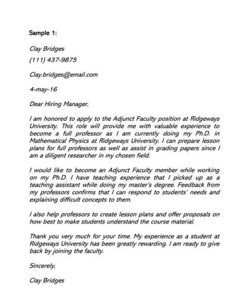 43342 adjunct faculty resume and cover letter