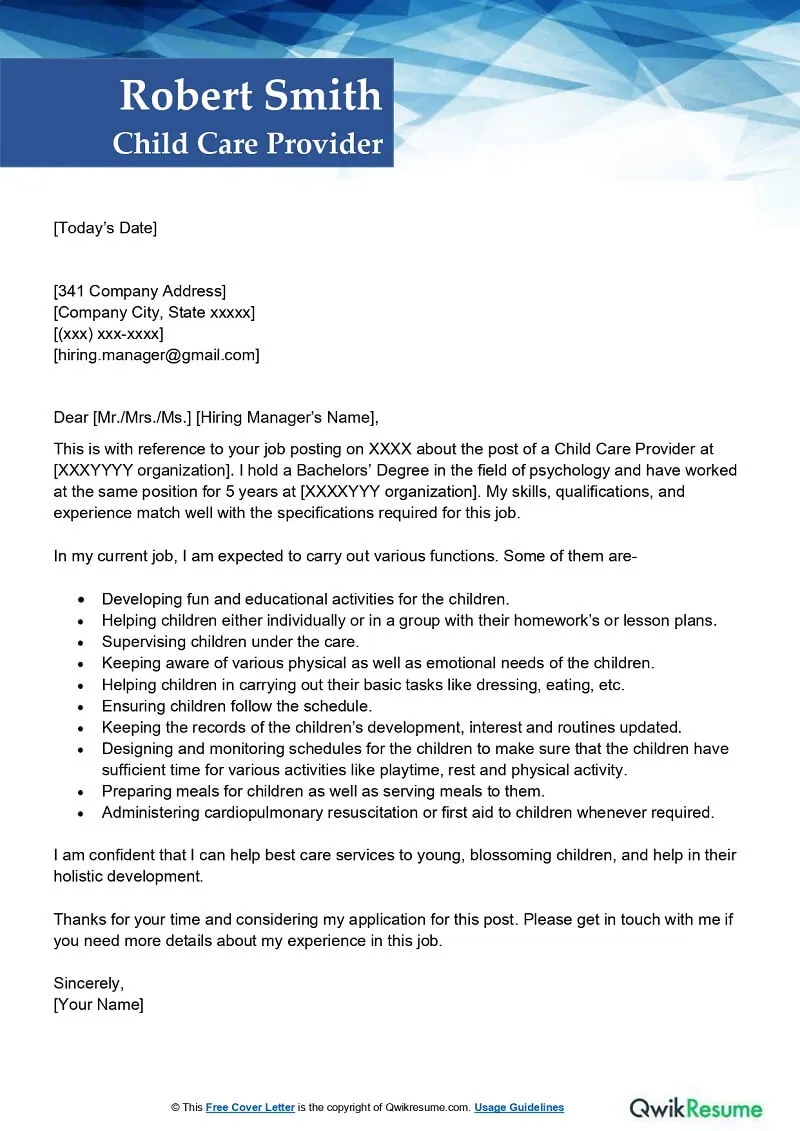 43365 child care cover letter achievements