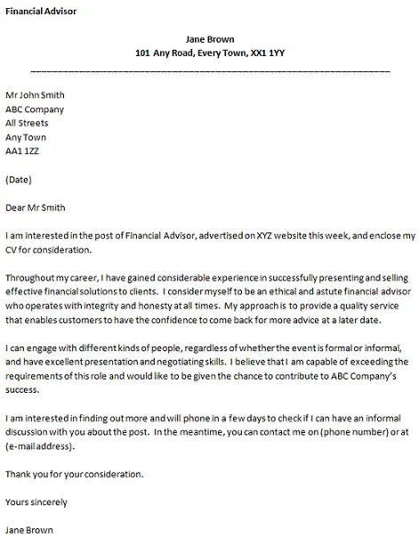 43407 financial advisor cover letter formatting