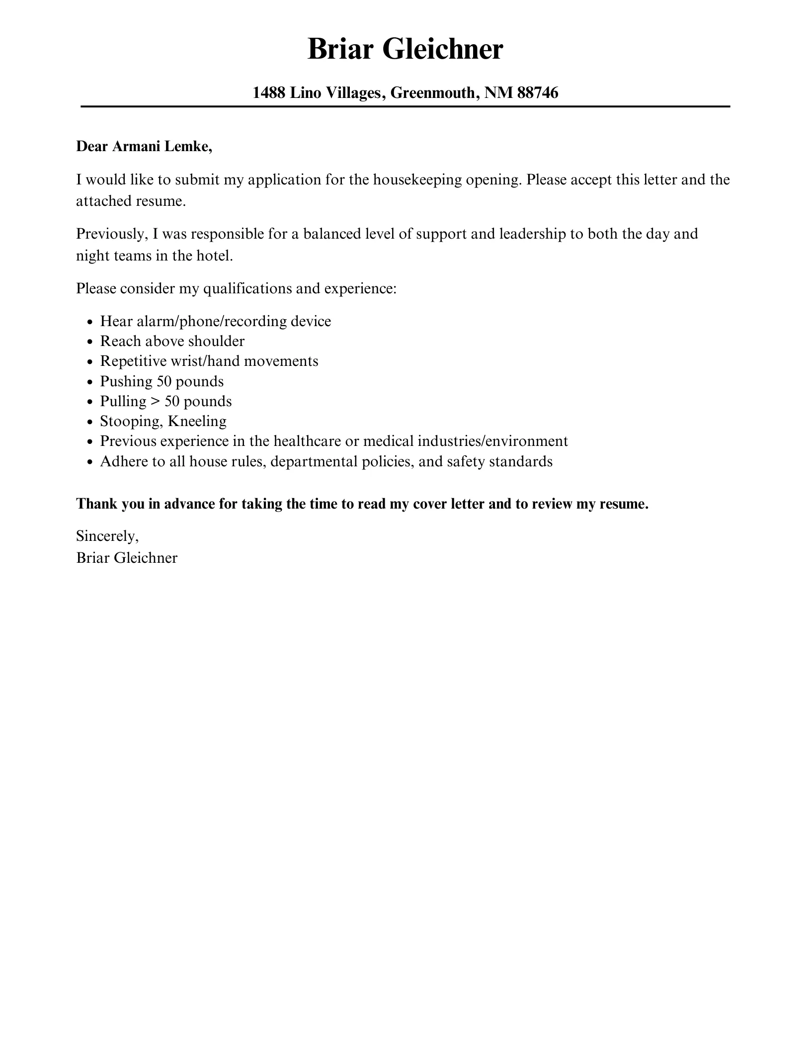 43523 housekeeping job cover letter follow up