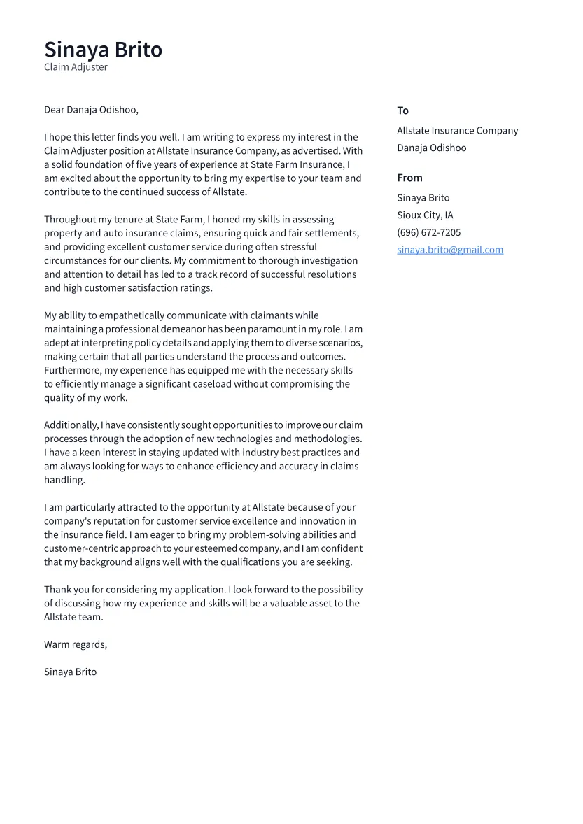 43577 claim adjuster cover letter