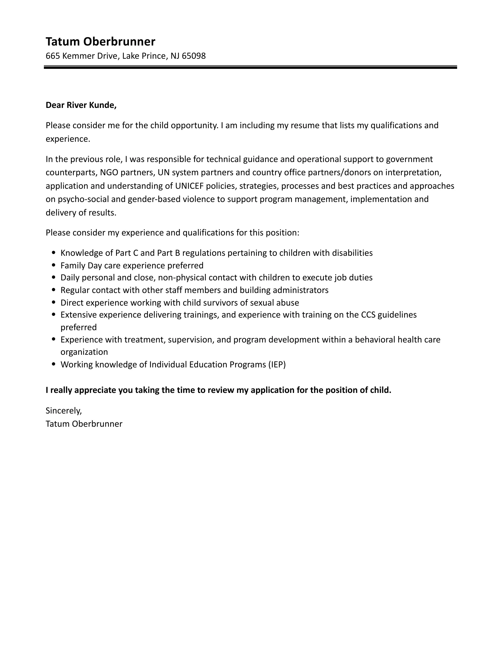 43606 child development cover letter experience