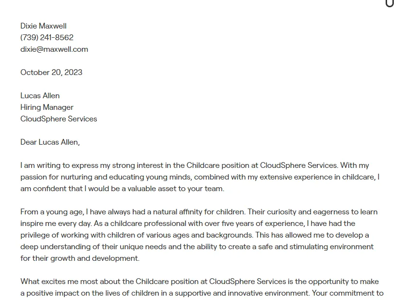 43606 child development cover letter formatting