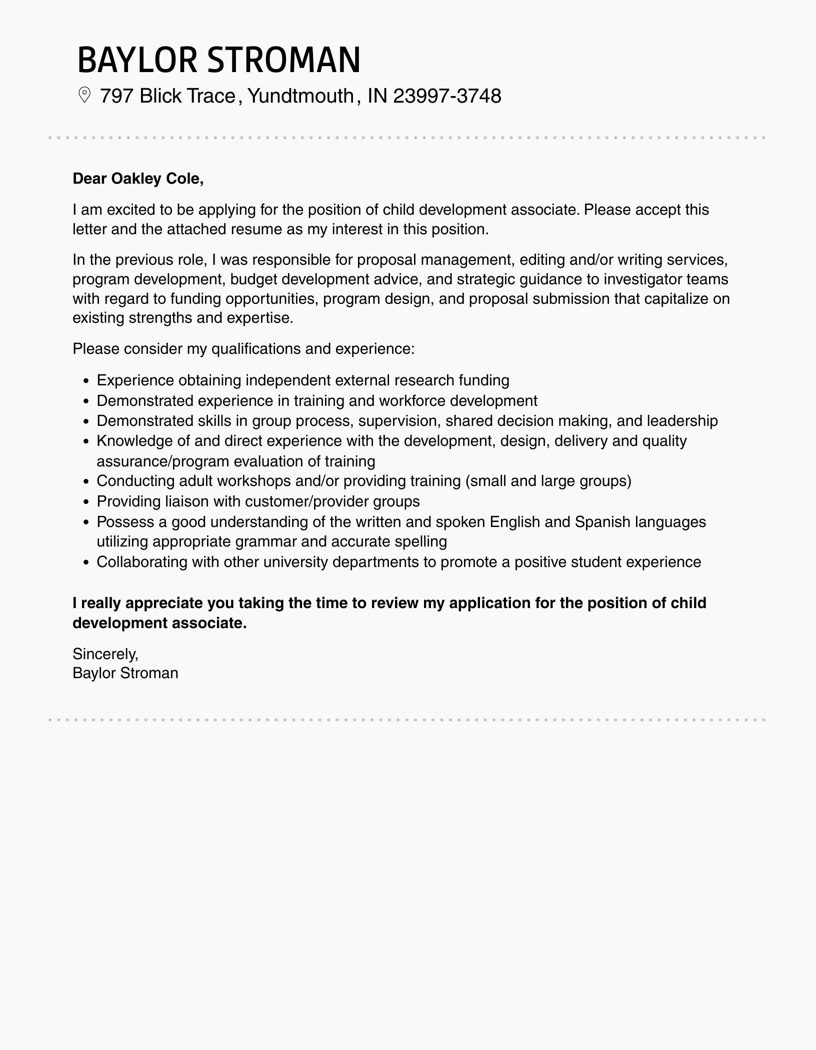 43606 child development cover letter skills