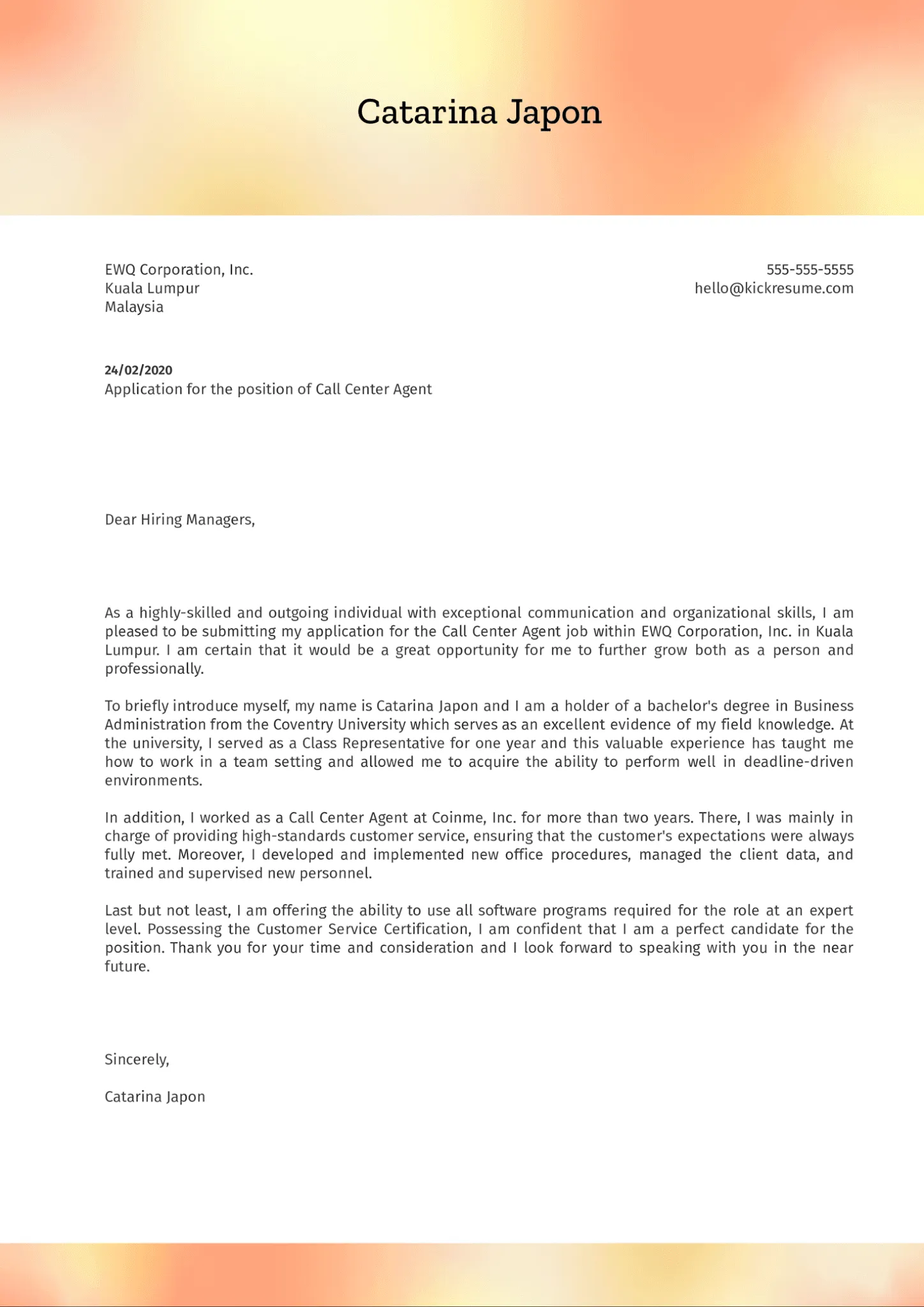 43641 cover letter call center intro